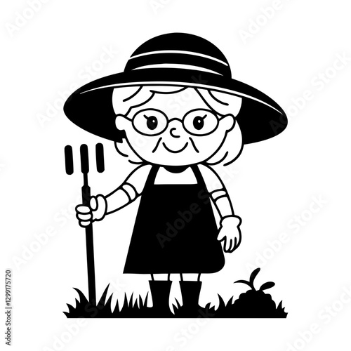 Cute Elderly Woman Gardener Vector Art with Glasses and Sun Hat
