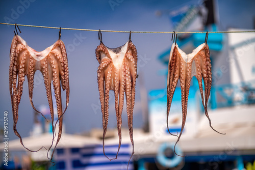 Freshly caught octopus drying in the sun at a seaside taverna in
