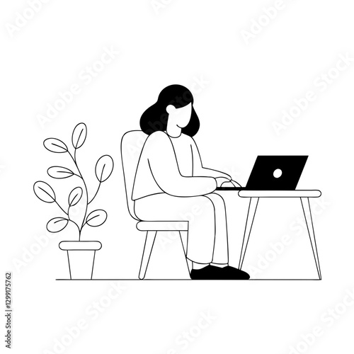 Woman Working on Laptop at Home Minimalist Vector Illustration