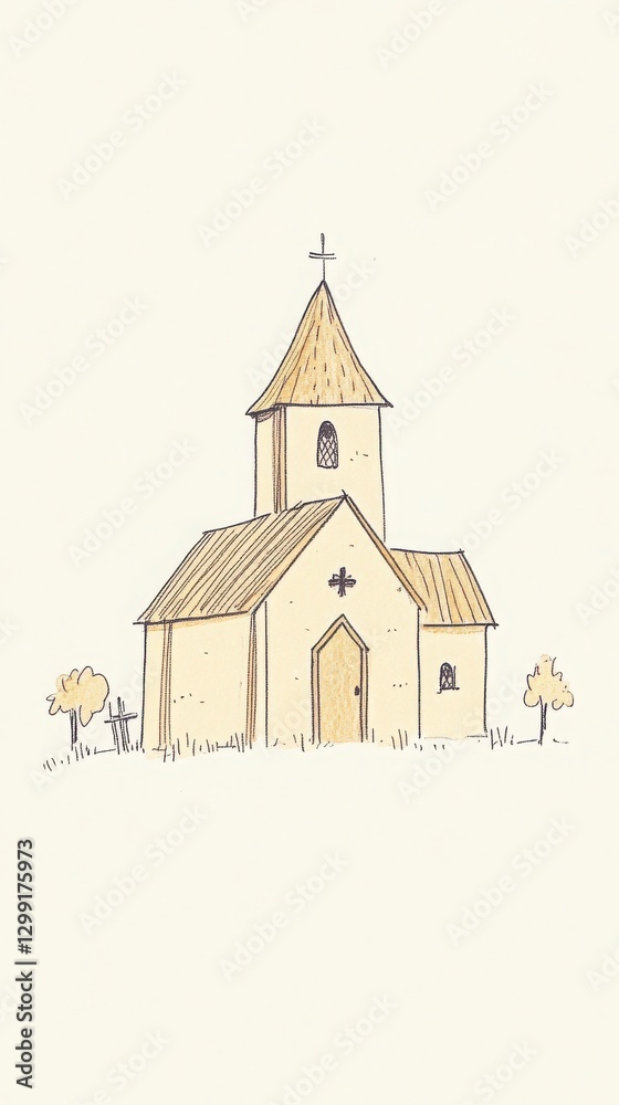 Naklejka premium Simple Beige Church Illustration Minimalist Countryside Drawing