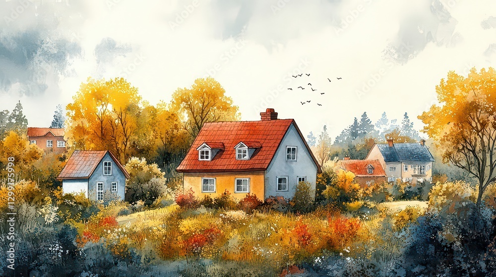 Illustration of autumn houses and trees on the hills. Illustration of autumn houses and trees on the hills.