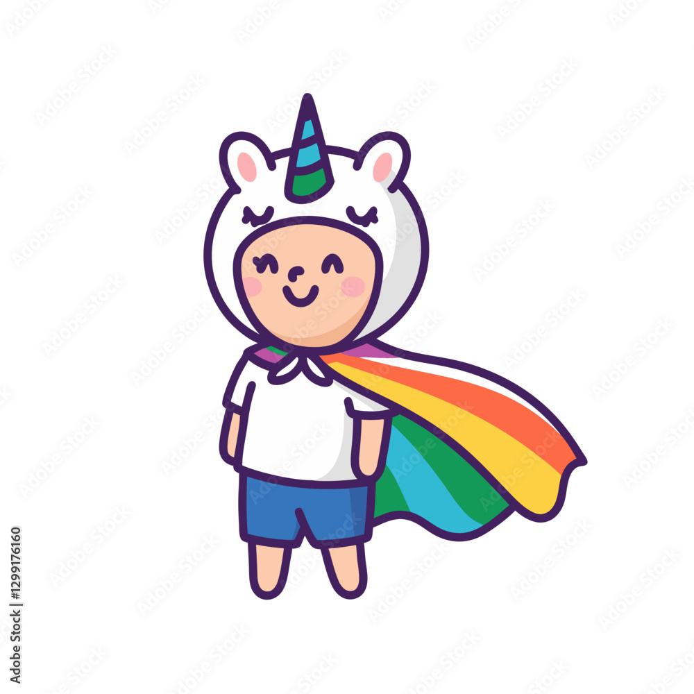 Cute Child in Unicorn Costume with Rainbow Cape Vector Illustration Cute Child in Unicorn Costume with Rainbow Cape Vector Illustration