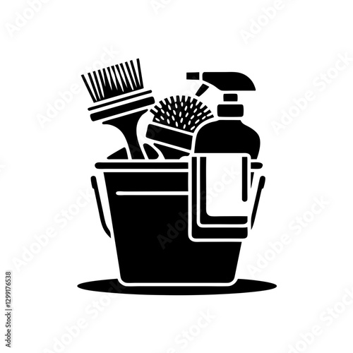 Cleaning Tools Bucket with Brush and Spray Bottle Vector Illustration