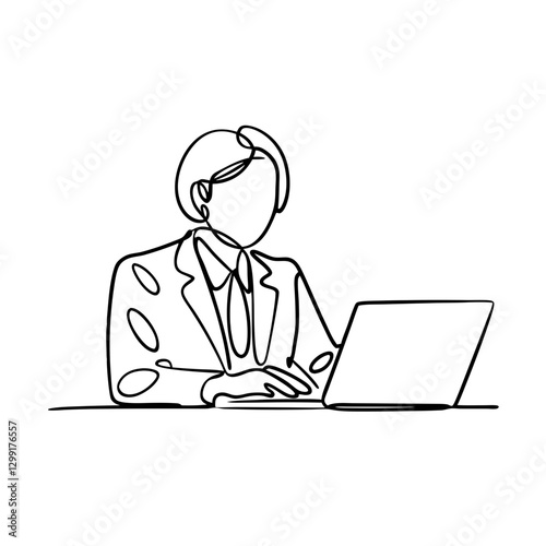 Business Professional Working on Laptop One Line Art Vector Illustration