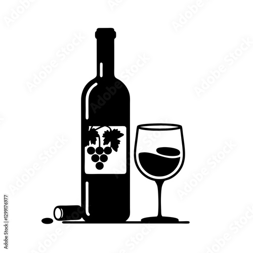 Wine Bottle and Glass Vector Illustration with Grapes Design