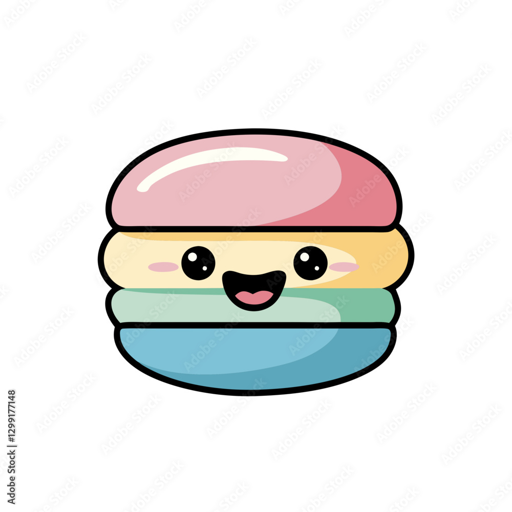 Obraz premium Cute Kawaii Macaron Vector Illustration with Happy Face Pastel Colors