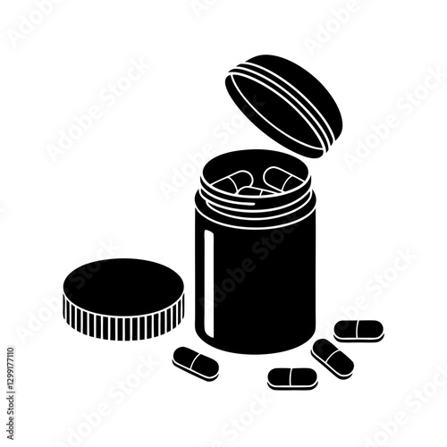 Black Vector Illustration of Open Pill Container with Capsules Spilling Out