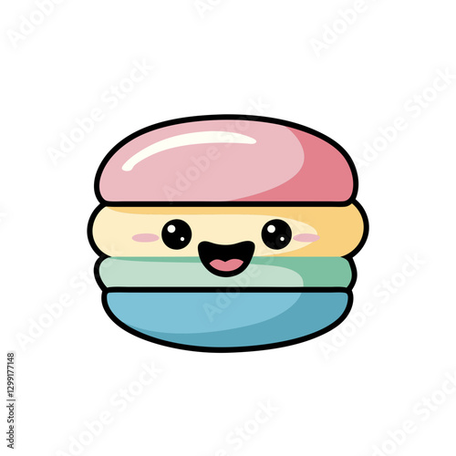 Cute Kawaii Macaron Vector Illustration with Happy Face Pastel Colors