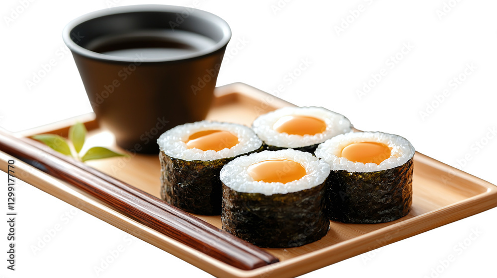 Japanese cuisine presentation of sushi with a traditional cup of soy sauce for dipping accompanied by fresh wasabi Japanese cuisine presentation of sushi with a traditional cup of soy sauce for dipping accompanied by fresh wasabi