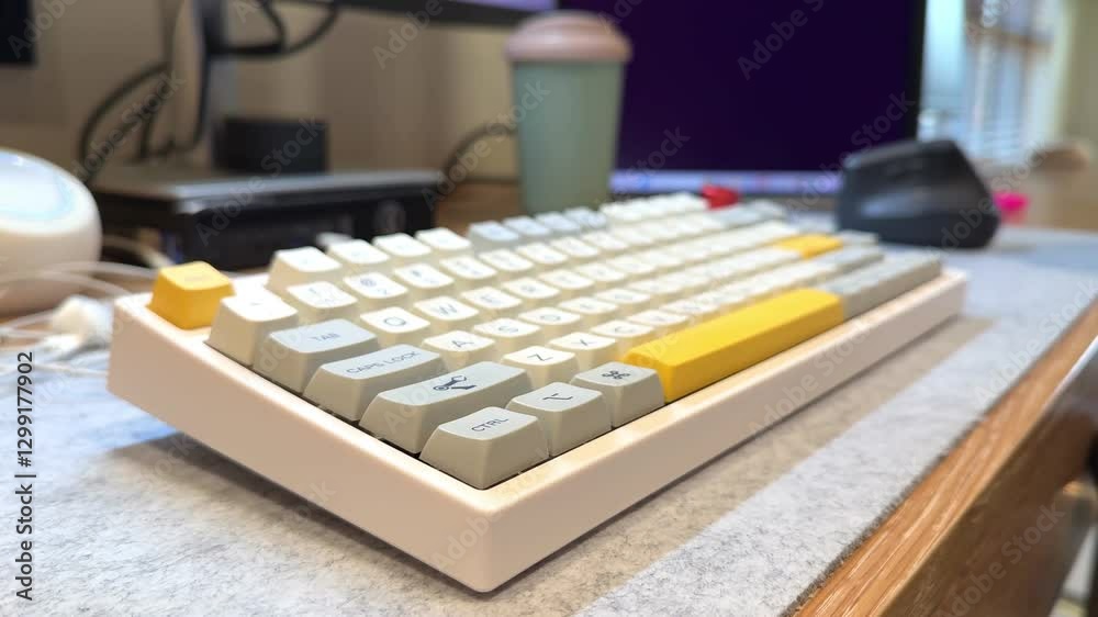 White mechanical keyboard in the office of a programmer employee with red switches and yellow keys and a red volume toggle button White mechanical keyboard in the office of a programmer employee with red switches and yellow keys and a red volume toggle button