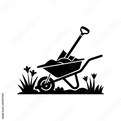 Vector Illustration of Wheelbarrow with Shovel and Flowers for Gardening Theme