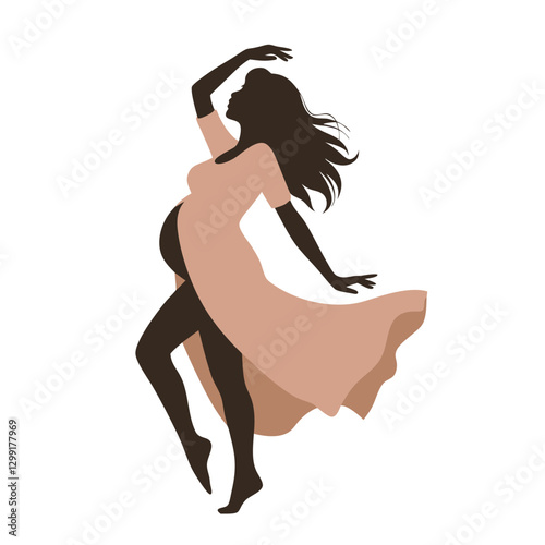 Silhouette of Pregnant Woman Dancing in Flowing Dress Vector Illustration