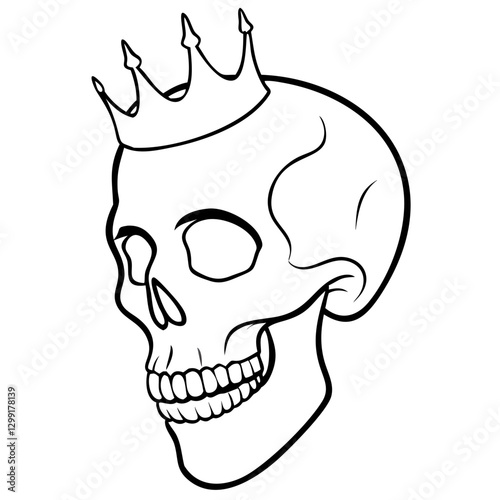 Skull with Crown Outline Illustration Symbolizing Mortality and Power in Vector Art