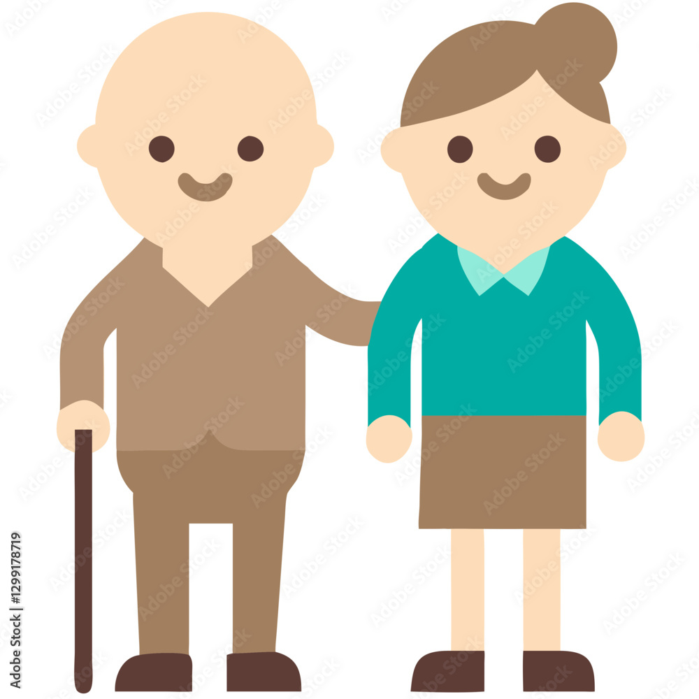 Elderly Man with Cane and Caregiver Woman Smiling Vector Illustration Elderly Man with Cane and Caregiver Woman Smiling Vector Illustration