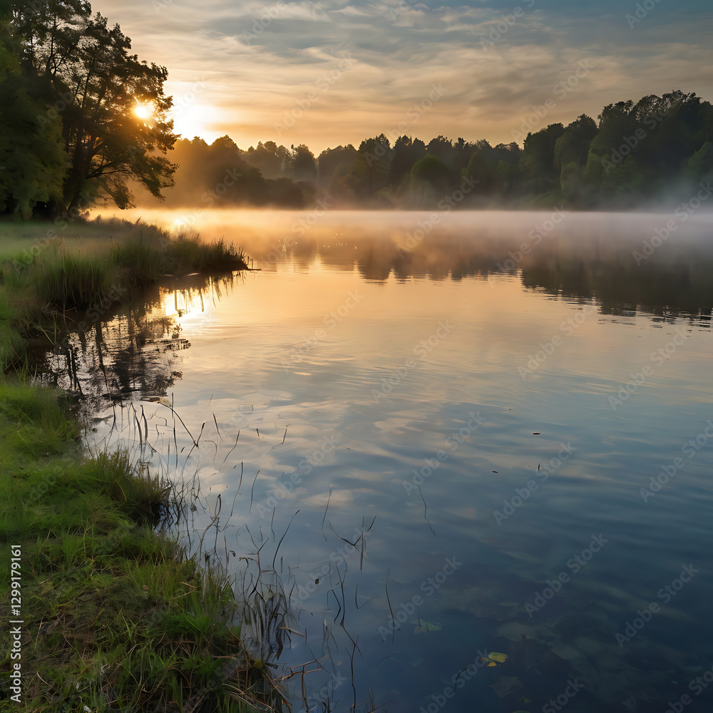 Fototapeta premium A tranquil lakeside landscape at sunrise, with mist over the water and vibrant reflections of the sky.
