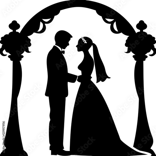 Elegant Wedding Couple Silhouette Under Floral Arch Romantic Vector Art