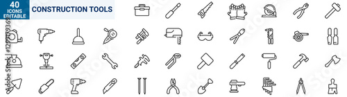 Set of 40 outline icons related to construction tools. Linear icon collection. Editable stroke. Vector illustration