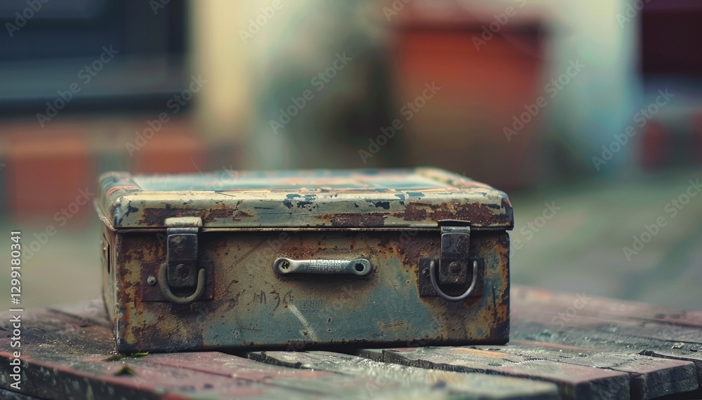A weathered tool box displayed on a softly blurred background A weathered tool box displayed on a softly blurred background