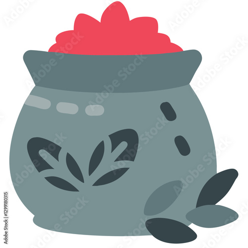 Traditional Ceramic Pot with Decorative Leaf Design and Red Content Vector Illustration