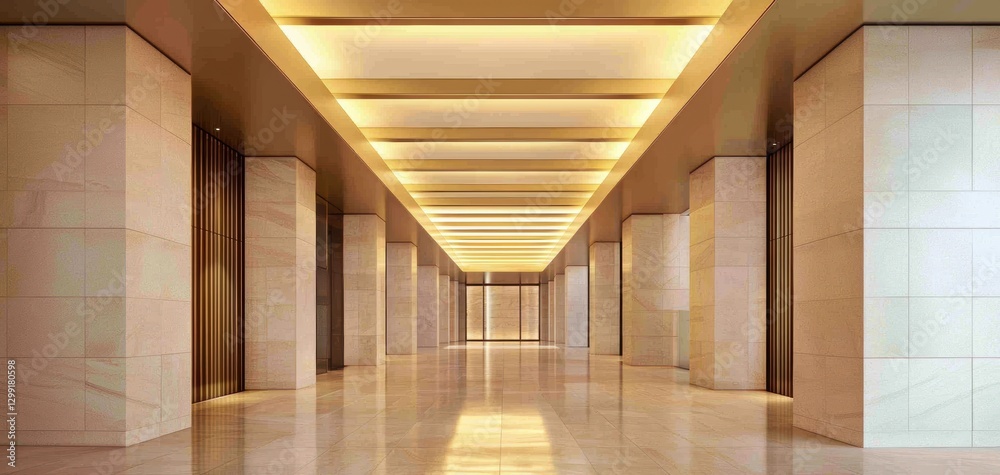 Obraz premium A coffered ceiling with recessed golden lighting, enhancing the warmth of a natural stone interior