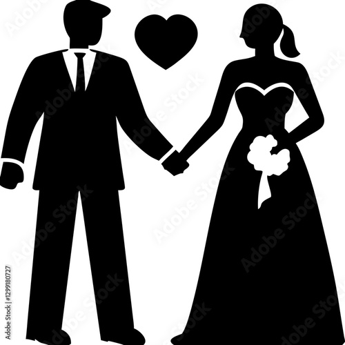 Wedding Couple Silhouette Heart Love Bride Groom Holding Hands Vector Illustration
