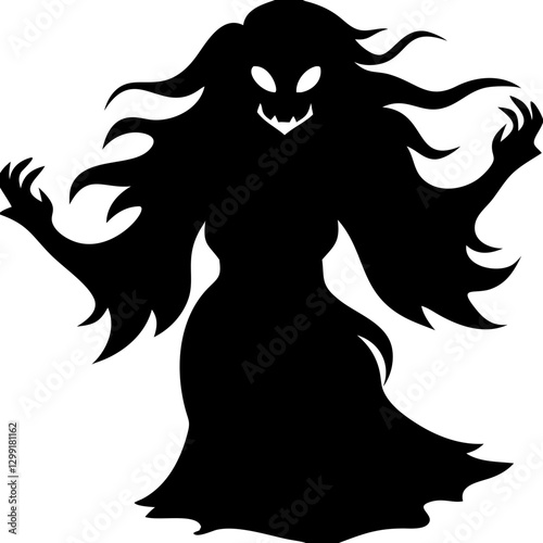 Spooky Silhouette of Haunting Ghostly Figure with Flowing Hair and Glaring Eyes Vector