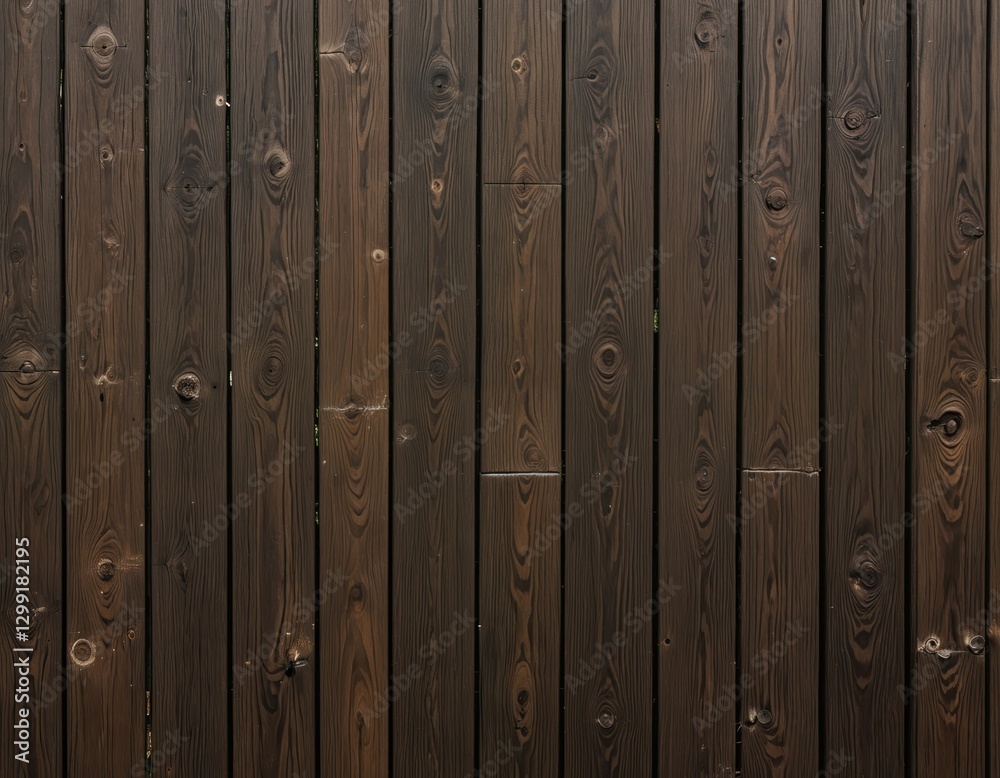 Fototapeta premium A wooden fence with a grid-like pattern of dark brown planks, each with a unique wood grain pattern, is captured in a close-up, with a slightly blurred background