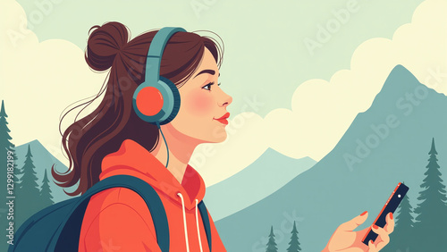 A Caucasian woman listens to music outside with headphones on.