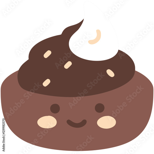 Cute Kawaii Chocolate Cupcake with Smiling Face and Whipped Cream Topping Vector Art