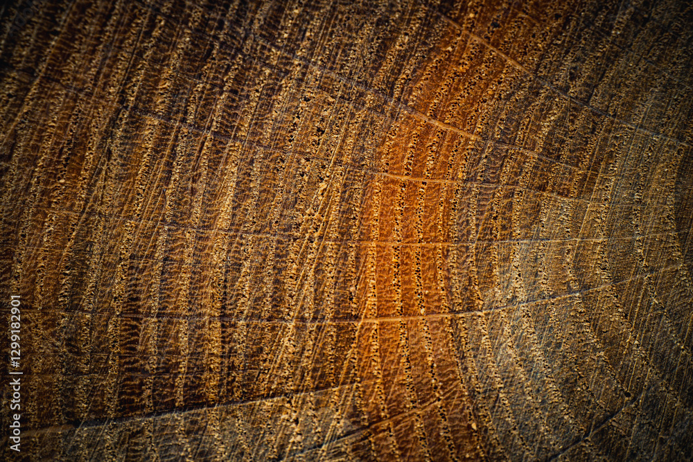 Fototapeta premium Close-up of a tree stump showing detailed growth rings and textured wood grain. The circular pattern reveals the tree's age and natural history, illuminated by warm lighting.