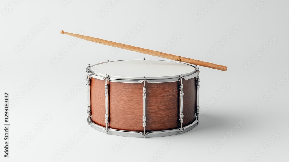 A drum with wooden drumsticks, a simple and clean white background, a 3D rendering effect A drum with wooden drumsticks, a simple and clean white background, a 3D rendering effect