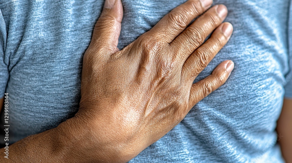 Fototapeta premium Health struggle portrayed through a hand gripping the chest in a hospital environment