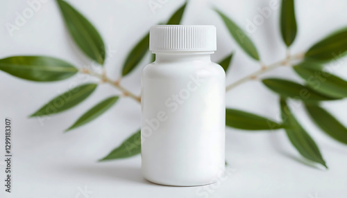 White pill bottle with natural green leaves, perfect for health and wellness themes, natural medicine, supplements, organic products, and herbal remedies. photo