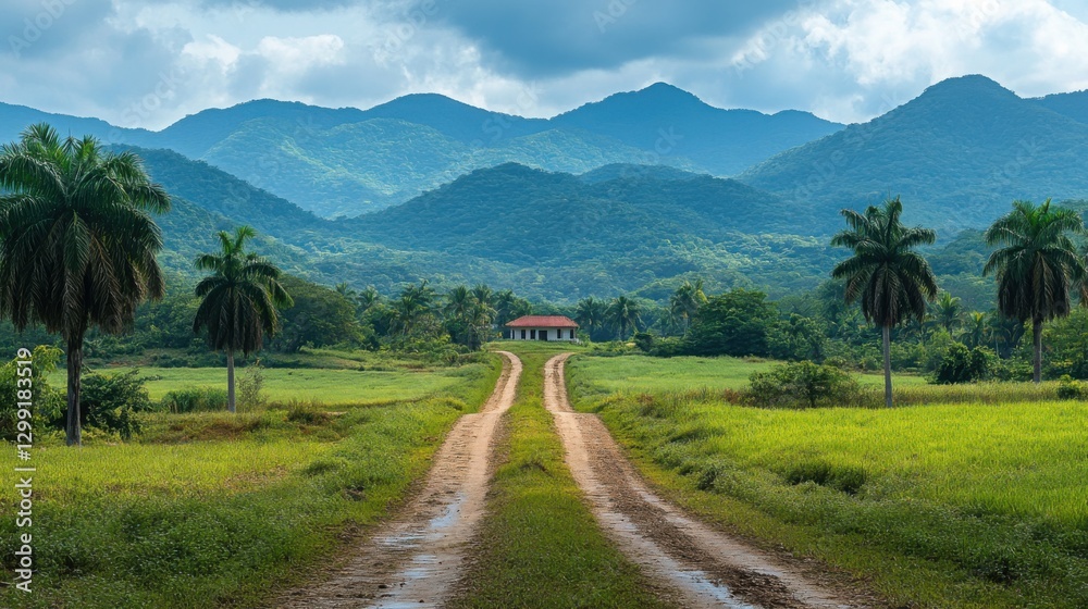 Tranquil dirt road lined with tall palm trees creating a tropical pathway in a sunny environment Tranquil dirt road lined with tall palm trees creating a tropical pathway in a sunny environment