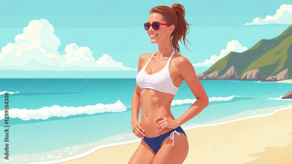 Athlete posing happily for a photo shoot wearing a sporty swimsuit and sunglasses on the beach. Athlete posing happily for a photo shoot wearing a sporty swimsuit and sunglasses on the beach.