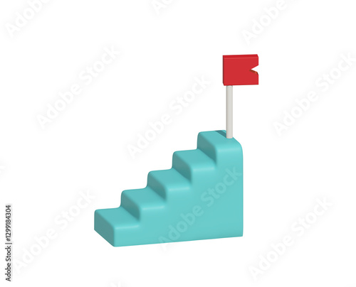 A flag of success on the top of stairs with congratulation colorful flakes. Business concept of success. 3D render