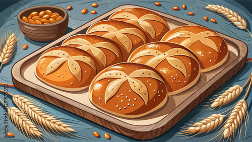 Freshly baked bread with flax seeds on a baking sheet.