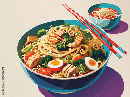 bowl with noodles, fish and eggs and chopsticks vector illustration
