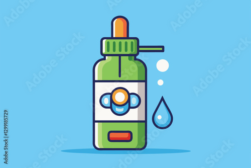 A vibrant nasal spray bottle is shown with a drop of liquid ready to dispense in a minimalist setting, Nasal spray Customizable Semi Flat Illustration