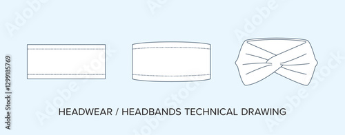 Blank Head Bands Technical Drawing, Headwear Blueprint for Fashion Designers. Detailed Editable Vector Illustration, Black and White Head Band Schematics, Isolated Background. 