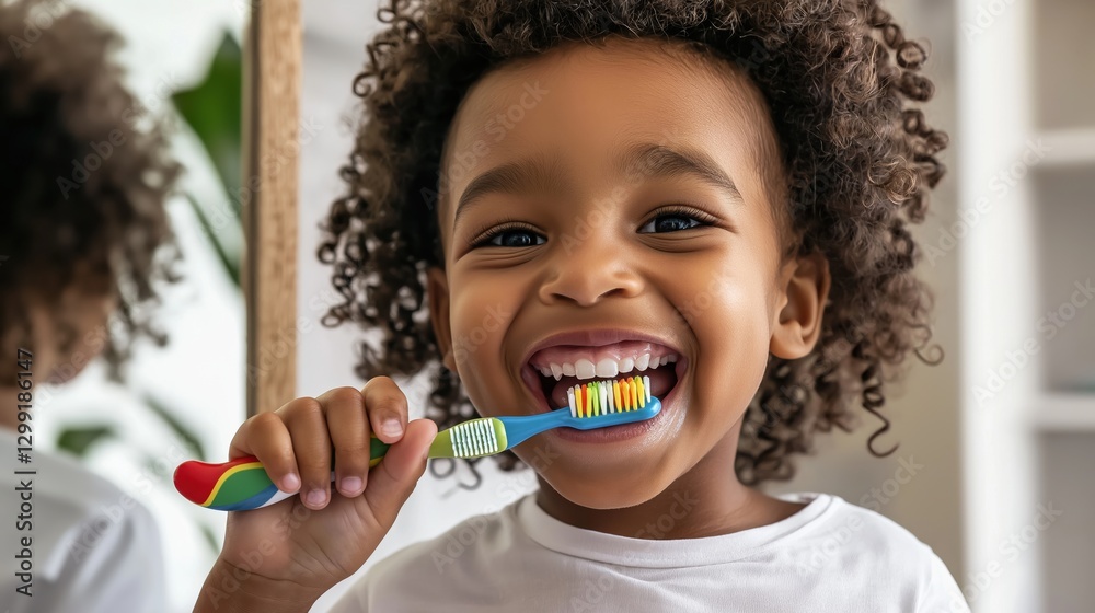 Smiling child brushes teeth on a step stool in front of a mirror showcasing joy and excitement Smiling child brushes teeth on a step stool in front of a mirror showcasing joy and excitement