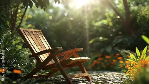 Serene wooden chair in a lush garden bathed in sunlight, surrounded by vibrant flowers and greenery