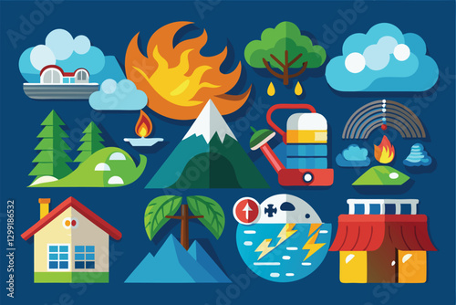 Colorful icons illustrate natural disasters including floods, fires, and storms alongside safety measures, Natural disaster icons