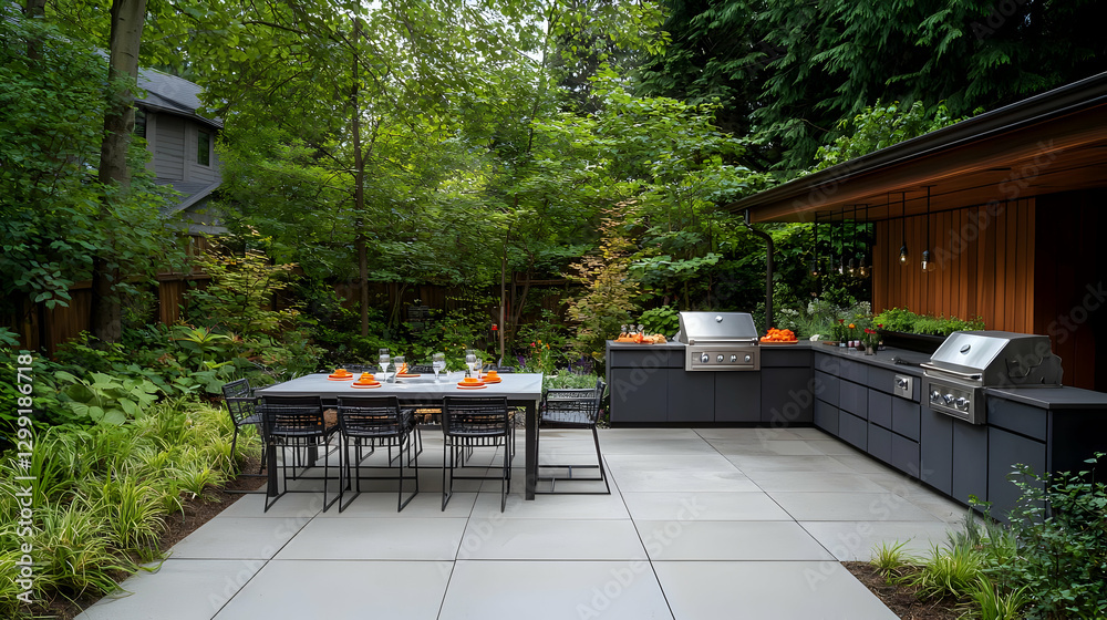Obraz premium Modern Outdoor Patio With Dining Table And Built In Grill Amidst Lush Greenery During Daytime
