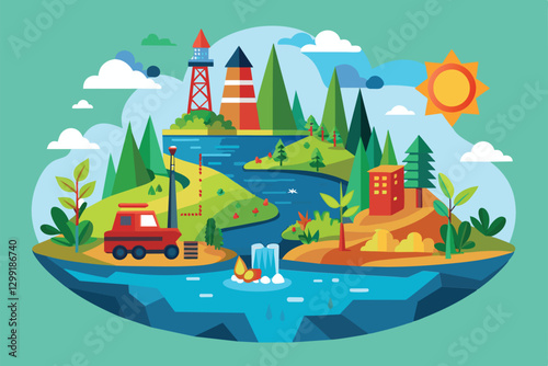 A colorful landscape showcases various ecosystems, highlighting natural resource management and biodiversity, Natural resource depletion Customizable Semi Flat Illustration