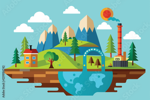 A lush landscape showcases mountains, trees, and water, highlighting the effects of resource depletion, Natural resource depletion Customizable Semi Flat Illustration
