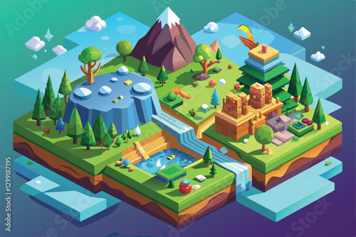 Explore a vibrant isometric landscape featuring mountains, trees, water, and lush greenery promoting nature's benefits, Nature benefits Customizable Isometric Illustration