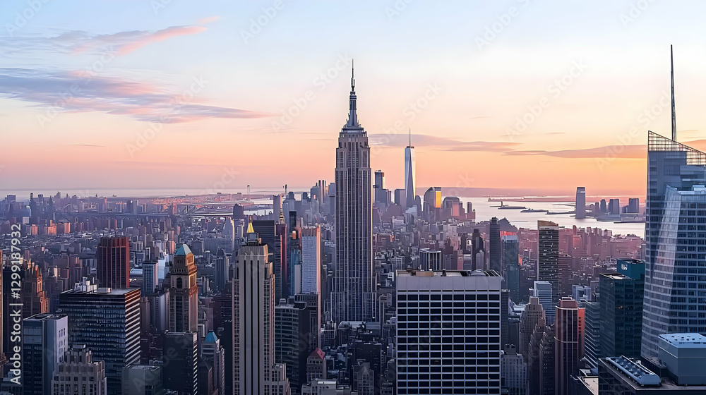 Obraz premium Dramatic Skyline View Of New York City Buildings At Sunset With Golden Hour Illumination