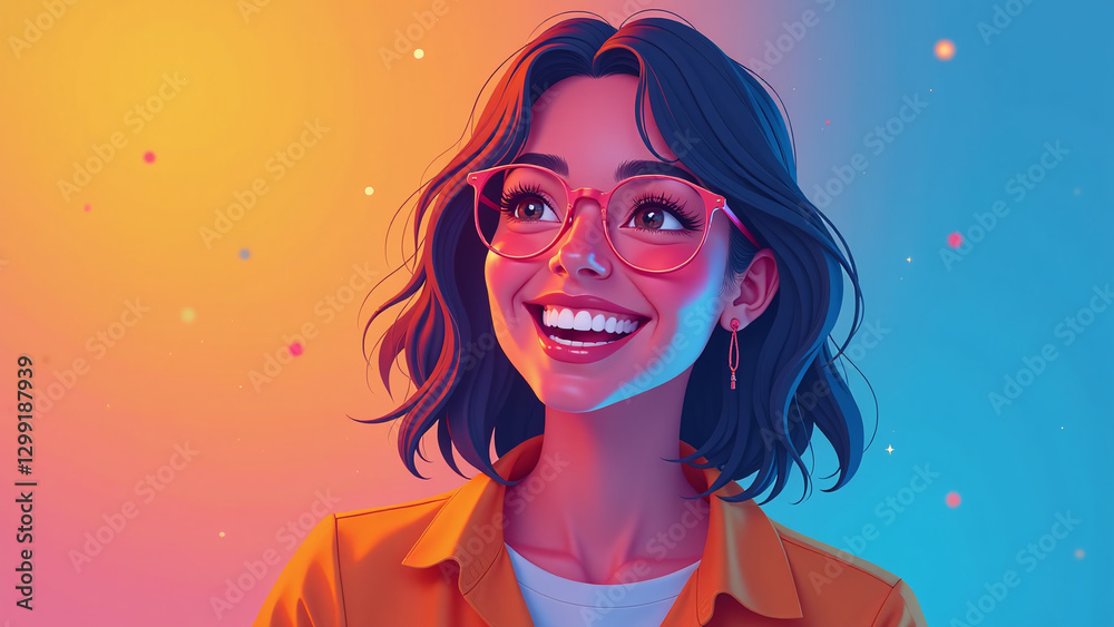 Smiling woman in virtual world displays vibrant avatar with bright colorful digital smile. Smiling woman in virtual world displays vibrant avatar with bright colorful digital smile.