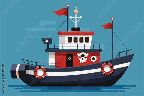 The pirate vessel displays its flags and lifebuoys as it navigates through tranquil waters, Nautical vessel of robbers,